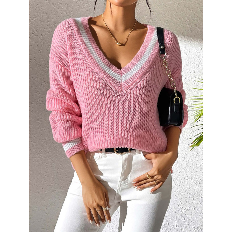 Contrast Trim V-Neck Long Sleeve Sweater Dusty Pink / S Apparel and Accessories