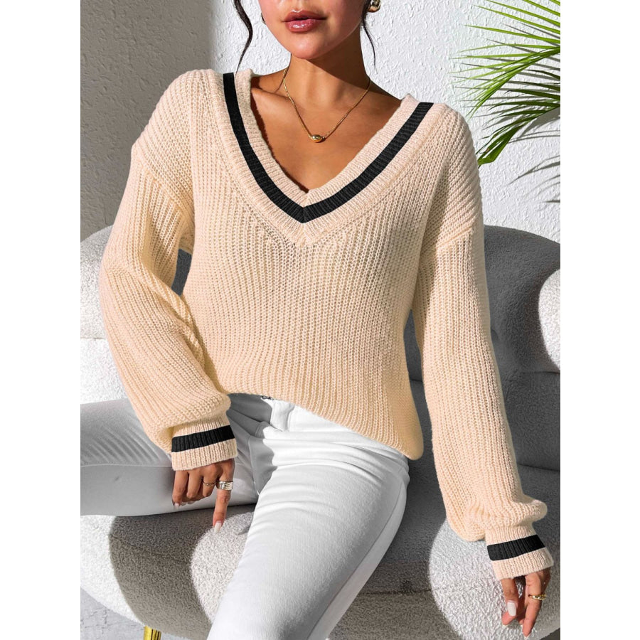 Contrast Trim V-Neck Long Sleeve Sweater Tan / S Apparel and Accessories