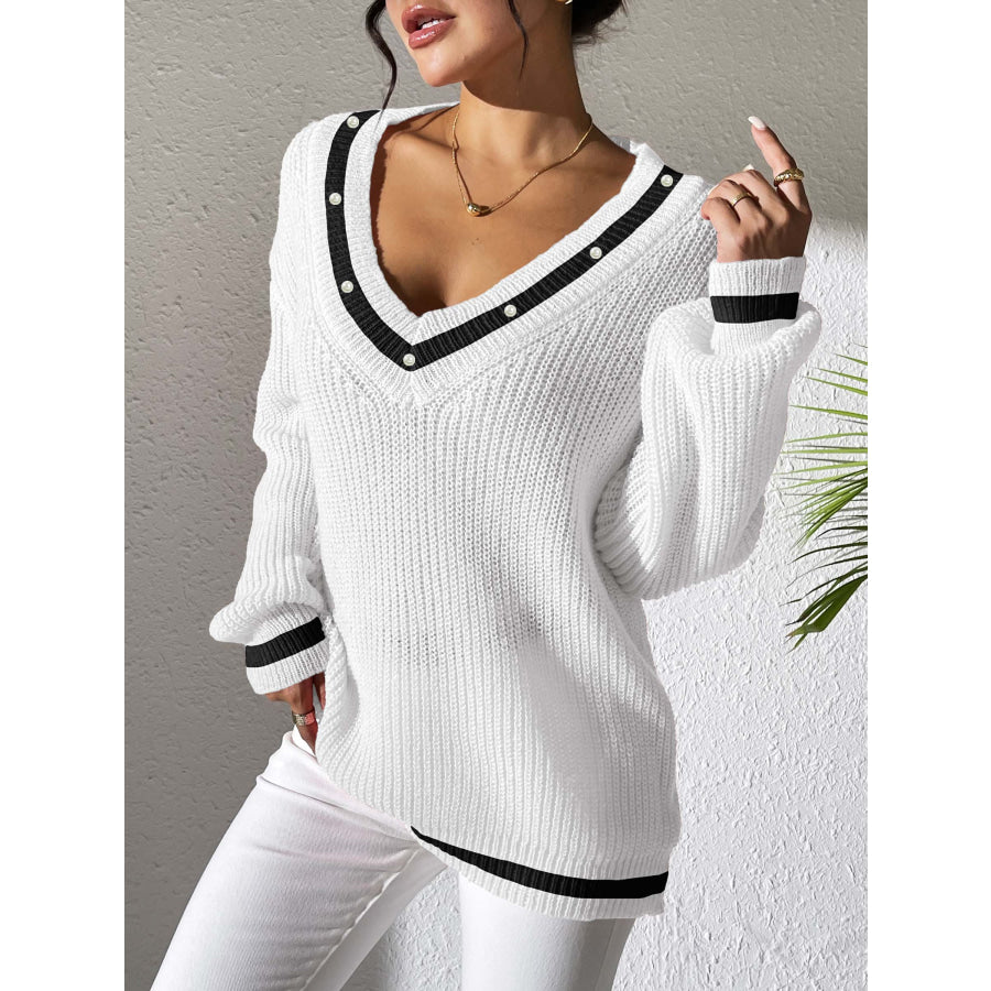 Contrast Trim V-Neck Long Sleeve Sweater White / S Apparel and Accessories