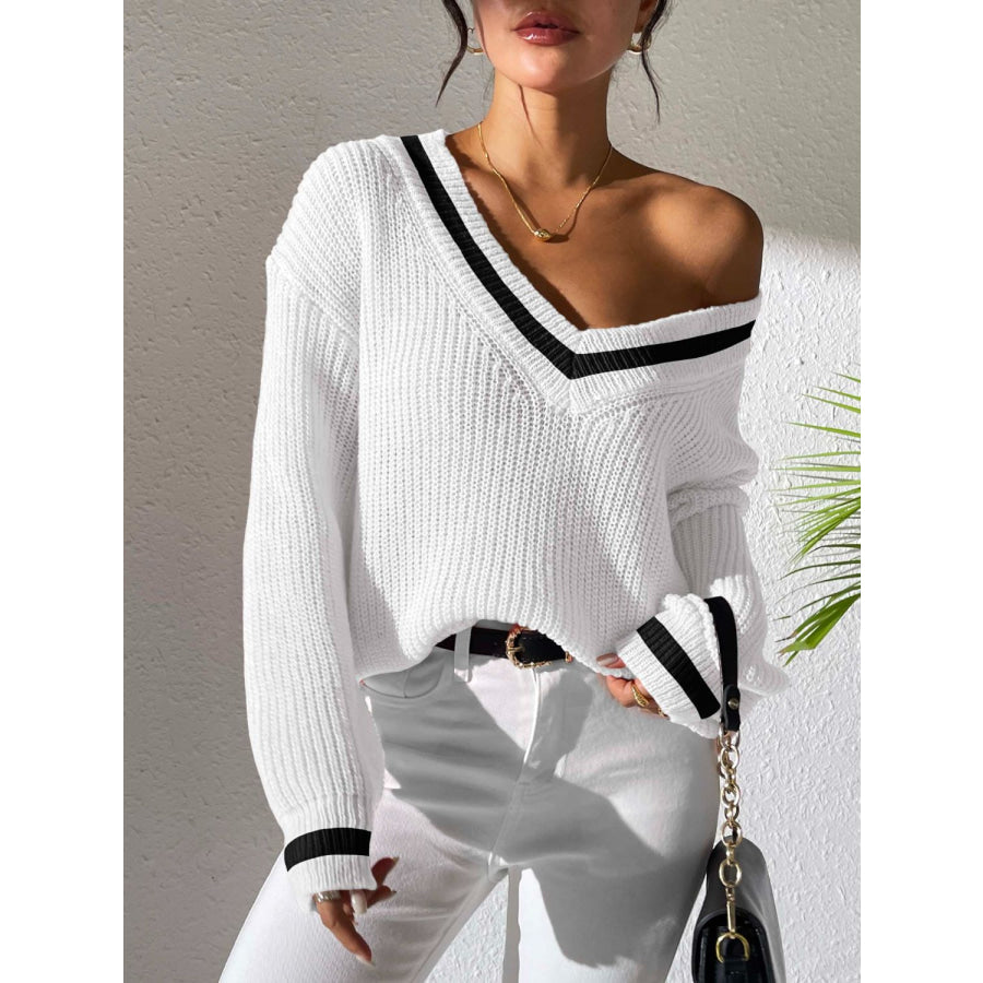 Contrast Trim V-Neck Long Sleeve Sweater White / S Apparel and Accessories