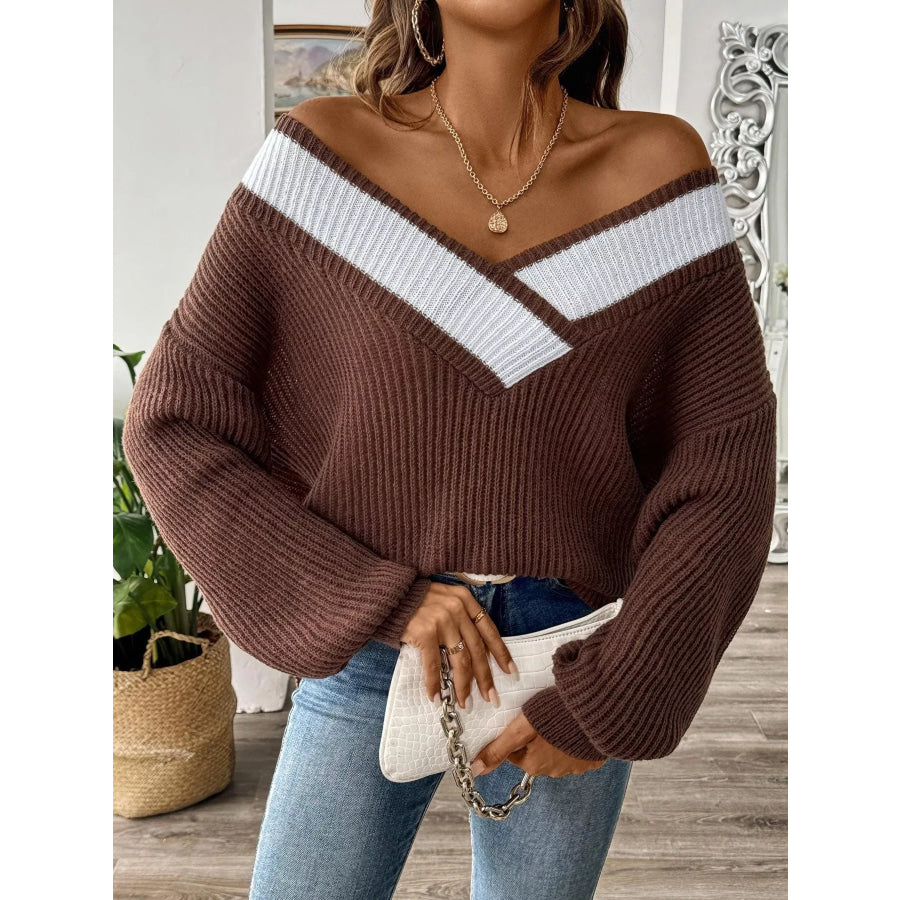 Contrast Trim V-Neck Ribbed Sweater Dark Brown / S Apparel and Accessories