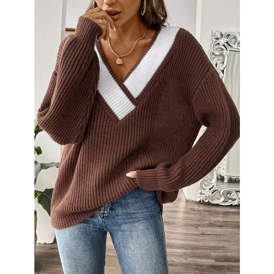 Contrast Trim V-Neck Ribbed Sweater Dark Brown / S Apparel and Accessories