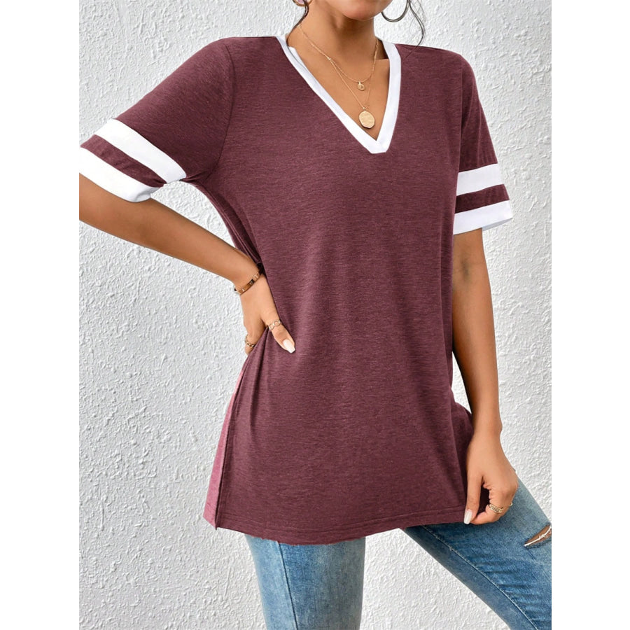 Contrast Trim V-Neck Short Sleeve T-Shirt Apparel and Accessories