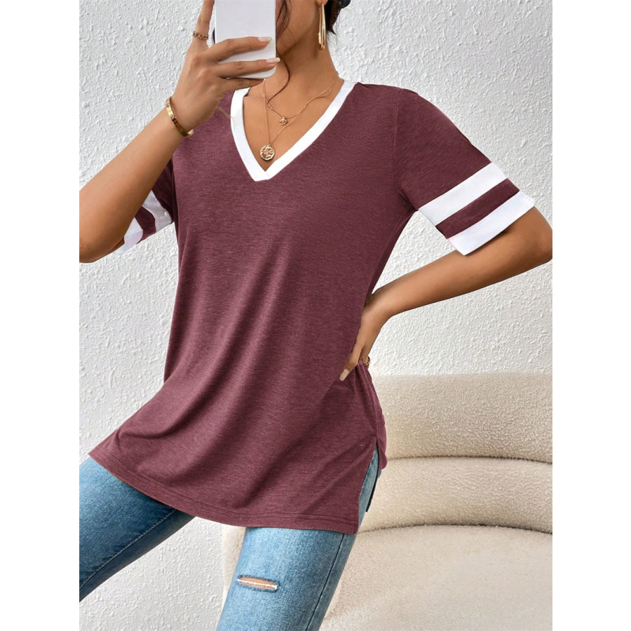 Contrast Trim V-Neck Short Sleeve T-Shirt Apparel and Accessories