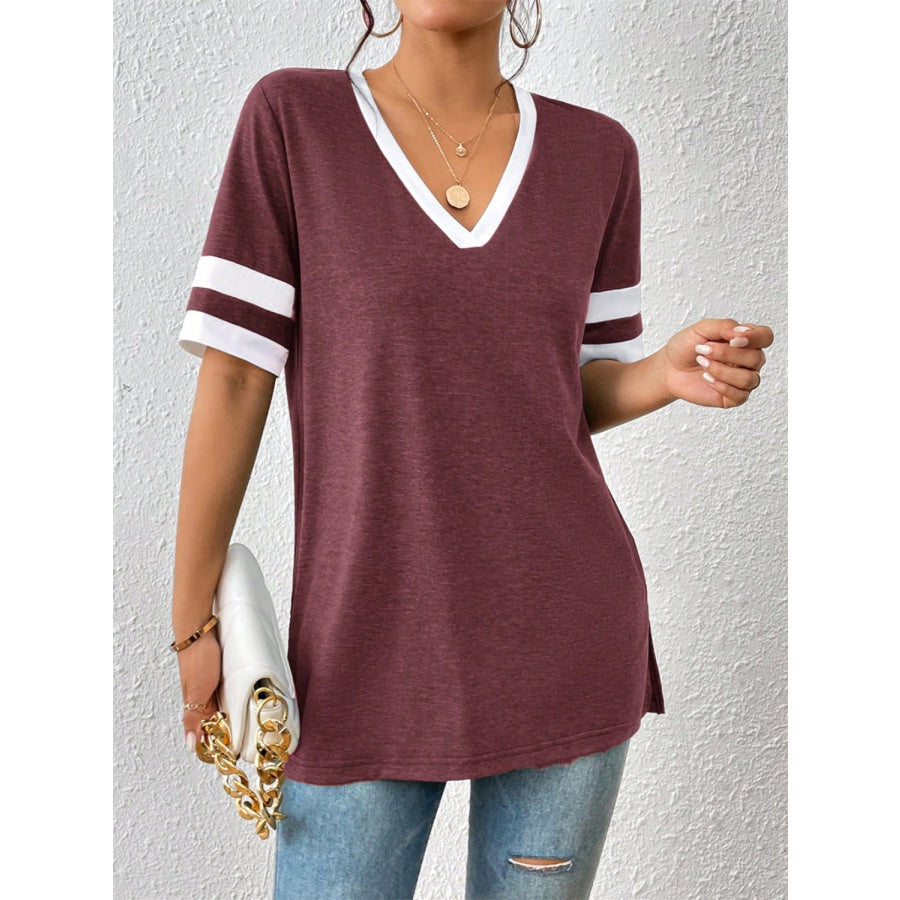 Contrast Trim V-Neck Short Sleeve T-Shirt Plum / S Apparel and Accessories