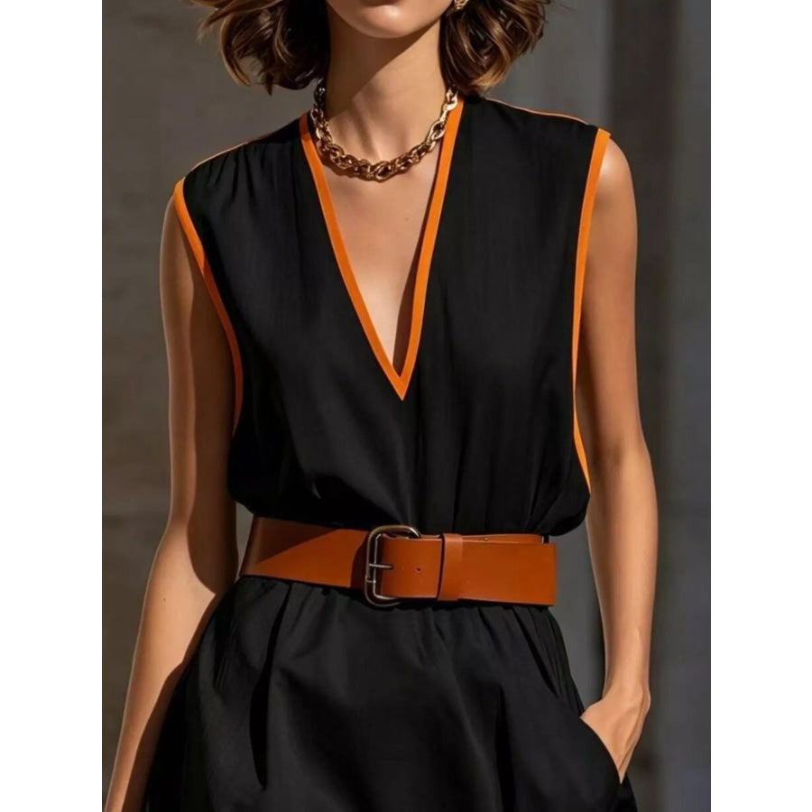 Contrast Trim V-Neck Sleeveless Dress Apparel and Accessories