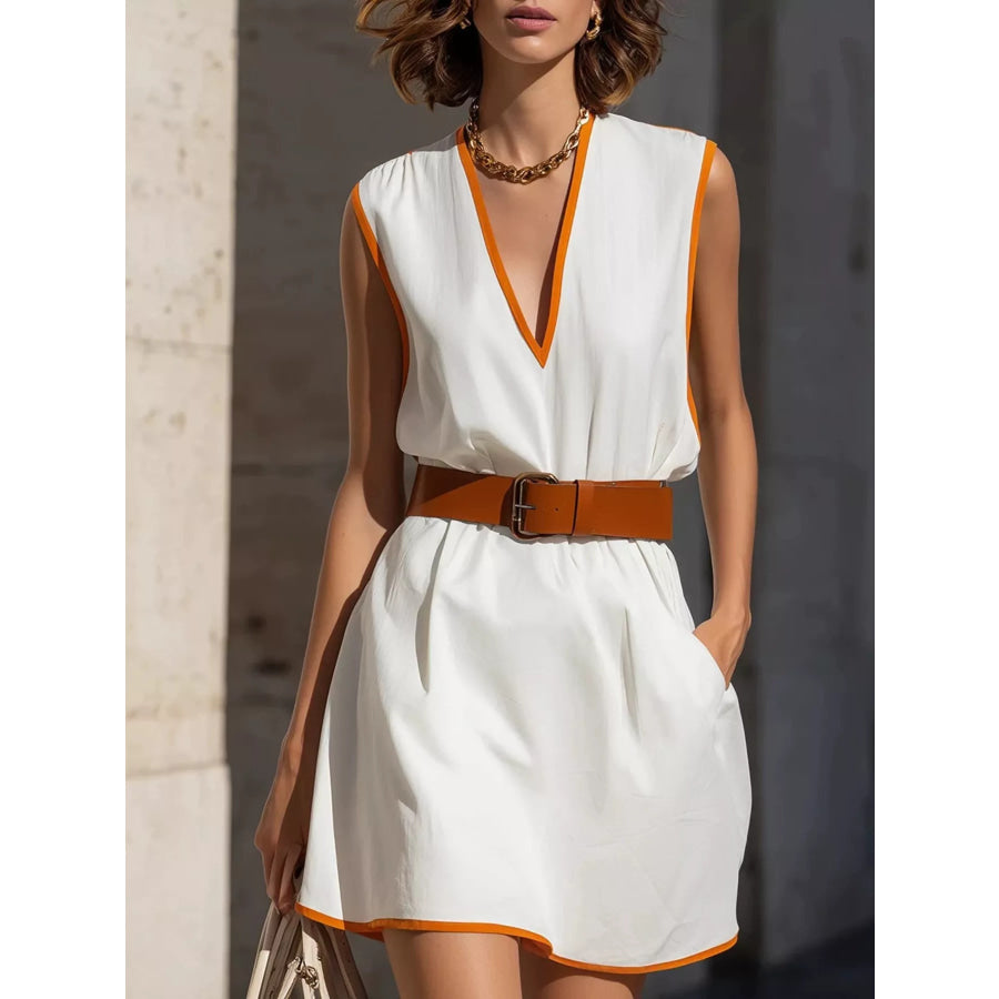 Contrast Trim V-Neck Sleeveless Dress White / S Apparel and Accessories