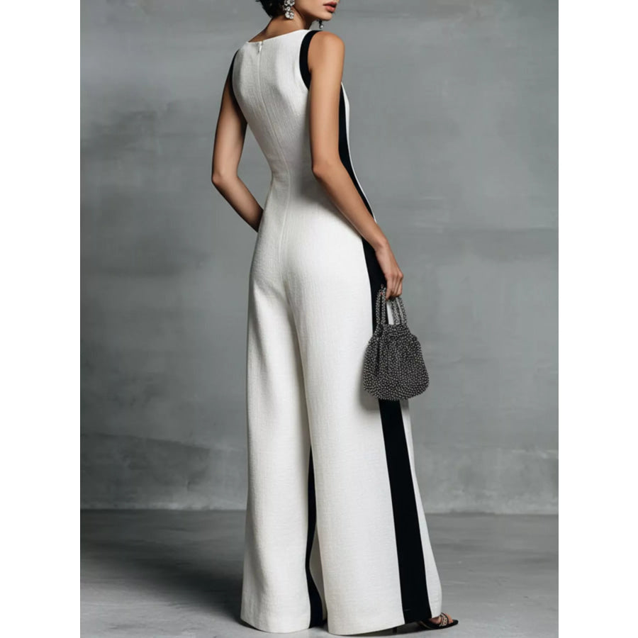 Contrast Trim V-Neck Sleeveless Jumpsuit Apparel and Accessories