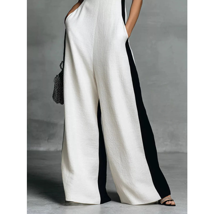 Contrast Trim V-Neck Sleeveless Jumpsuit Apparel and Accessories