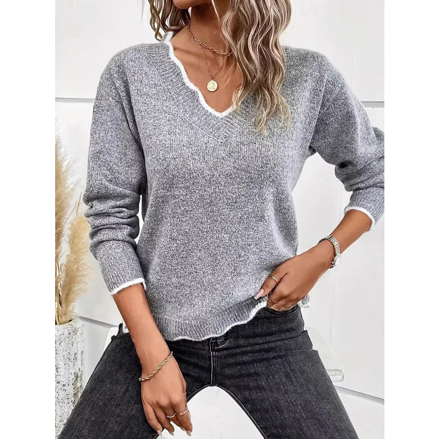 Contrast Trim V-Neck Sweater Gray / S Apparel and Accessories