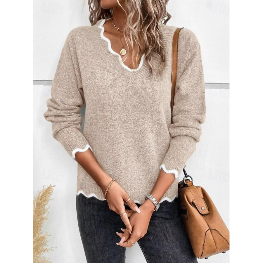 Contrast Trim V-Neck Sweater Khaki / S Apparel and Accessories