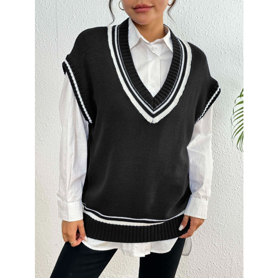 Contrast Trim V-Neck Sweater Vest Black / One Size Apparel and Accessories