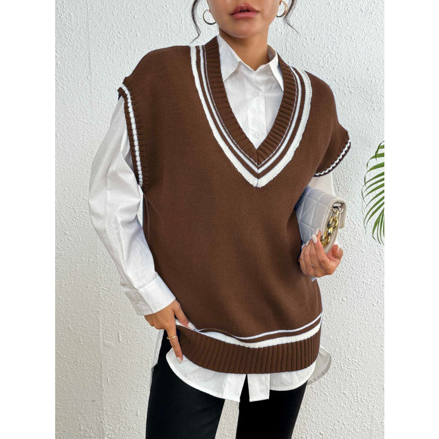 Contrast Trim V-Neck Sweater Vest Chocolate / One Size Apparel and Accessories