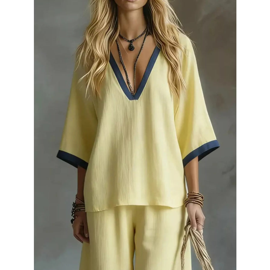 Contrast Trim V-Neck Top and Pants Set Apparel and Accessories