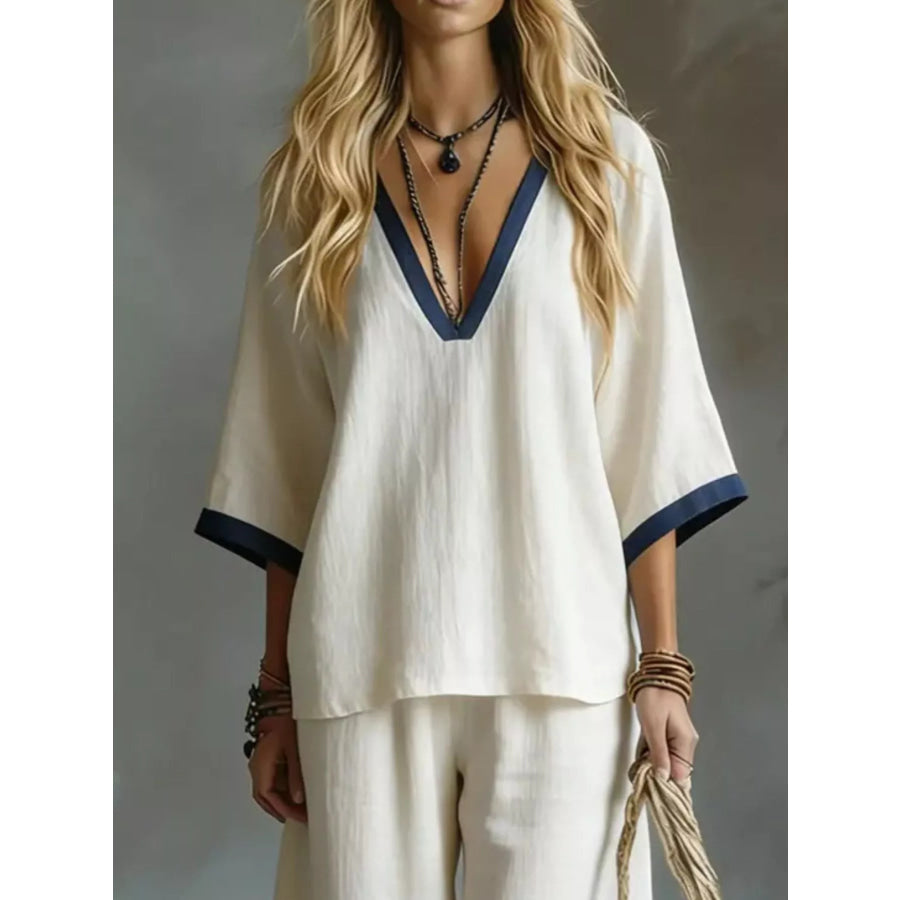 Contrast Trim V-Neck Top and Pants Set Apparel and Accessories