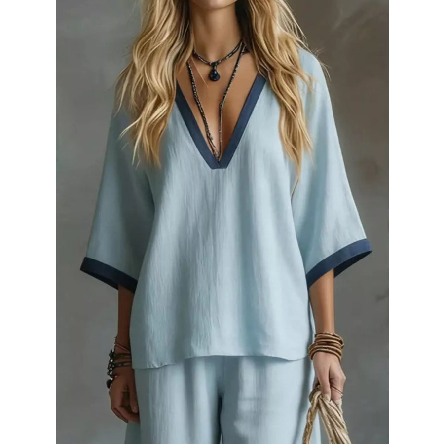 Contrast Trim V-Neck Top and Pants Set Apparel and Accessories