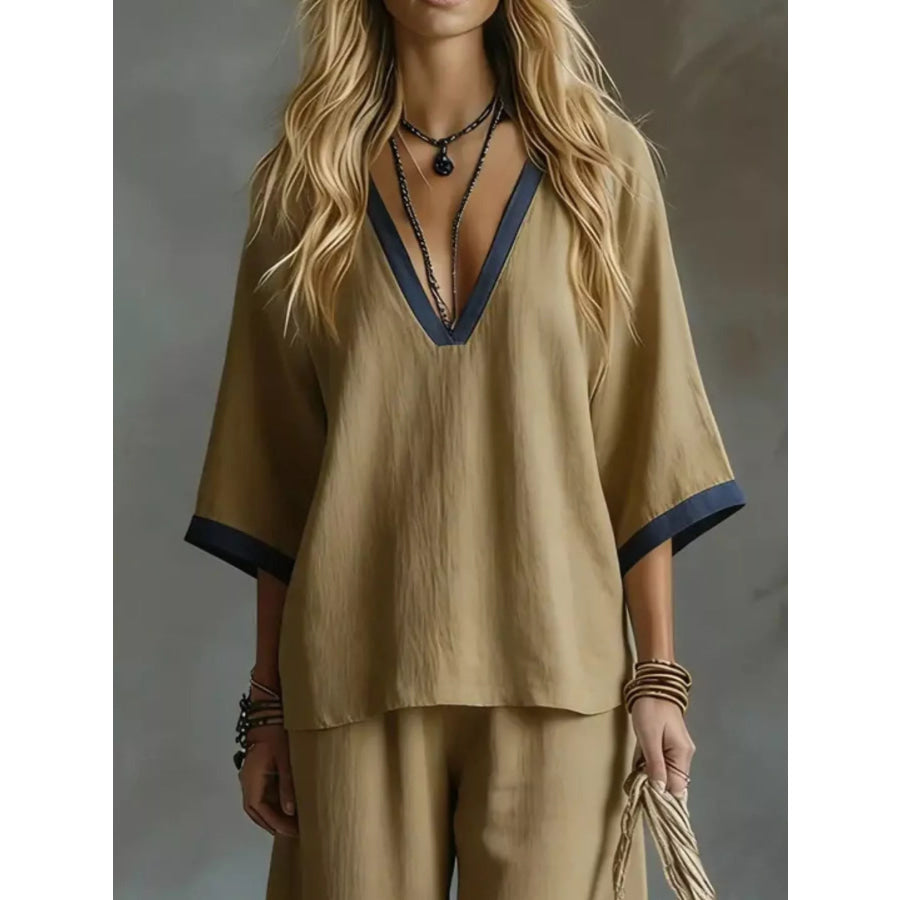 Contrast Trim V-Neck Top and Pants Set Apparel and Accessories