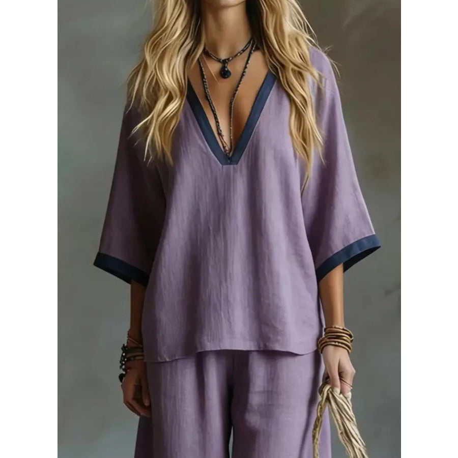 Contrast Trim V-Neck Top and Pants Set Apparel and Accessories