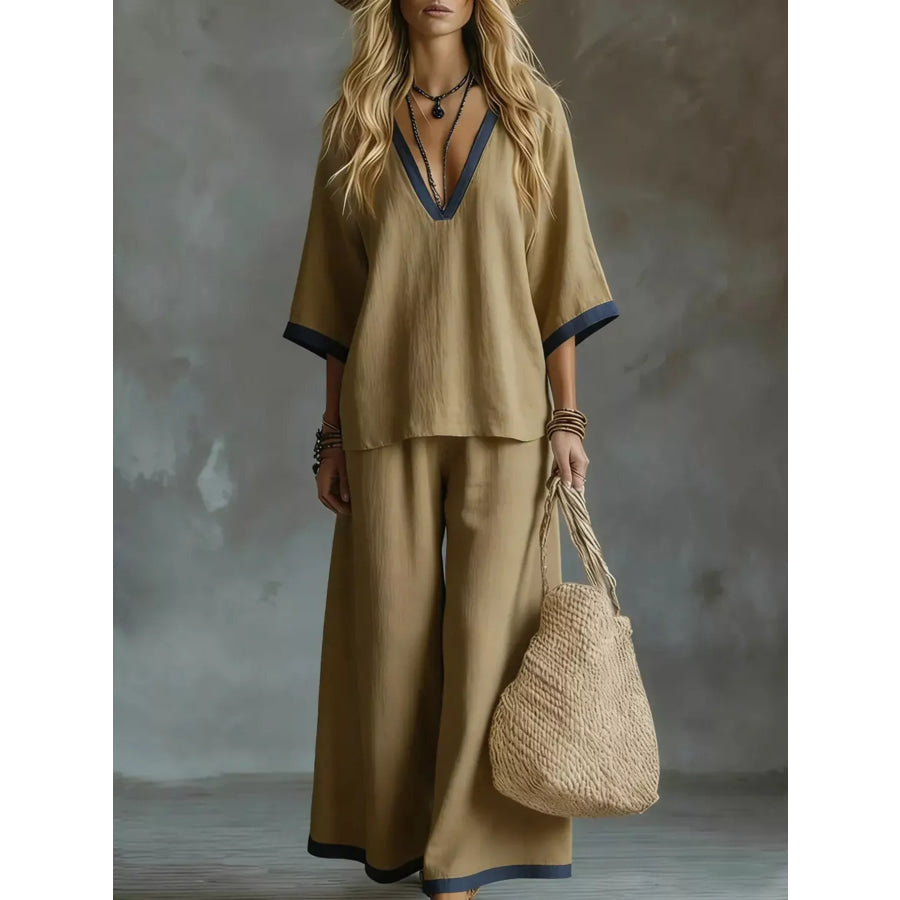 Contrast Trim V-Neck Top and Pants Set Camel / S Apparel and Accessories
