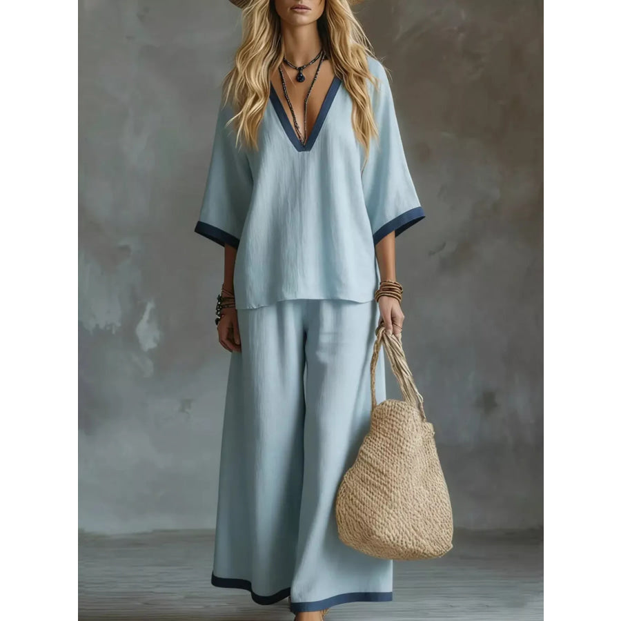 Contrast Trim V-Neck Top and Pants Set Light Blue / S Apparel and Accessories