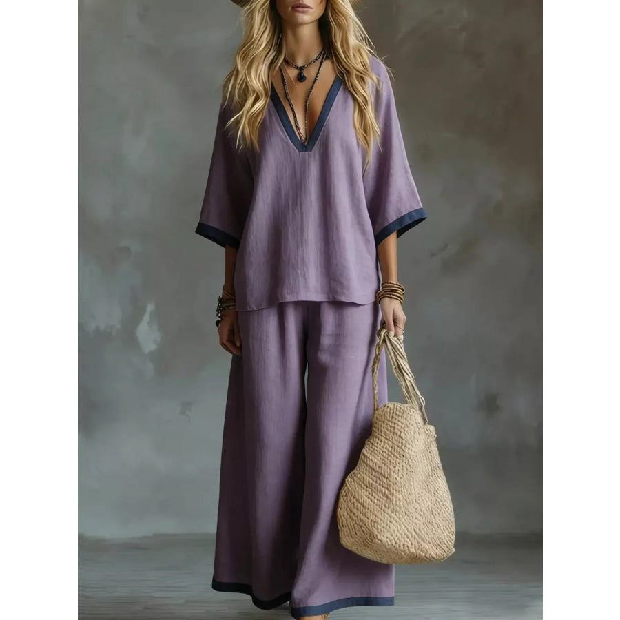 Contrast Trim V-Neck Top and Pants Set Purple / S Apparel and Accessories