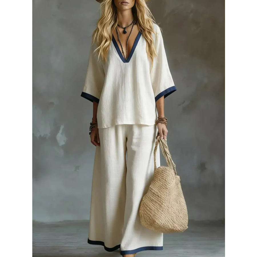Contrast Trim V-Neck Top and Pants Set White / S Apparel and Accessories