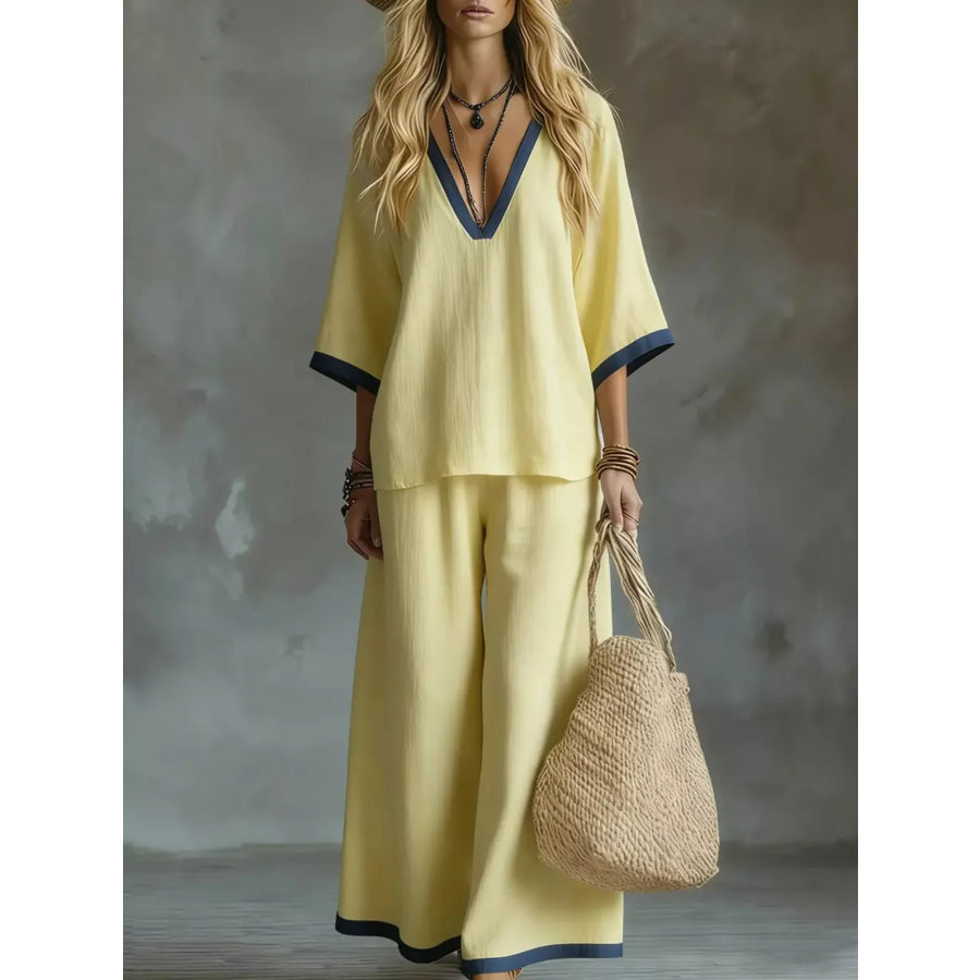 Contrast Trim V-Neck Top and Pants Set Yellow / S Apparel and Accessories