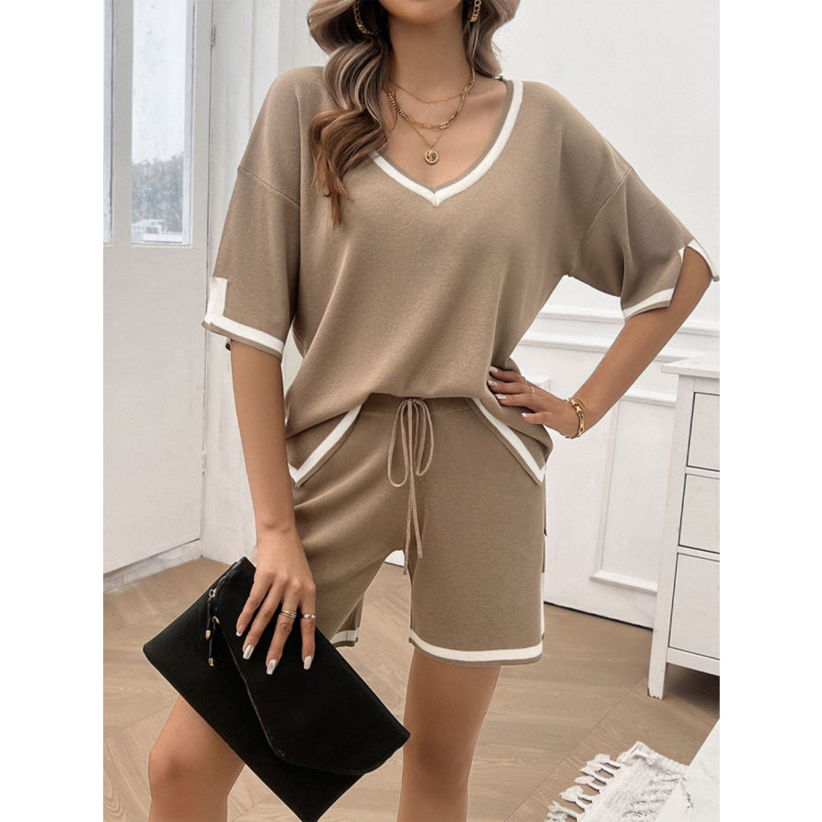 Contrast Trim V-Neck Top and Shorts Set Apparel and Accessories