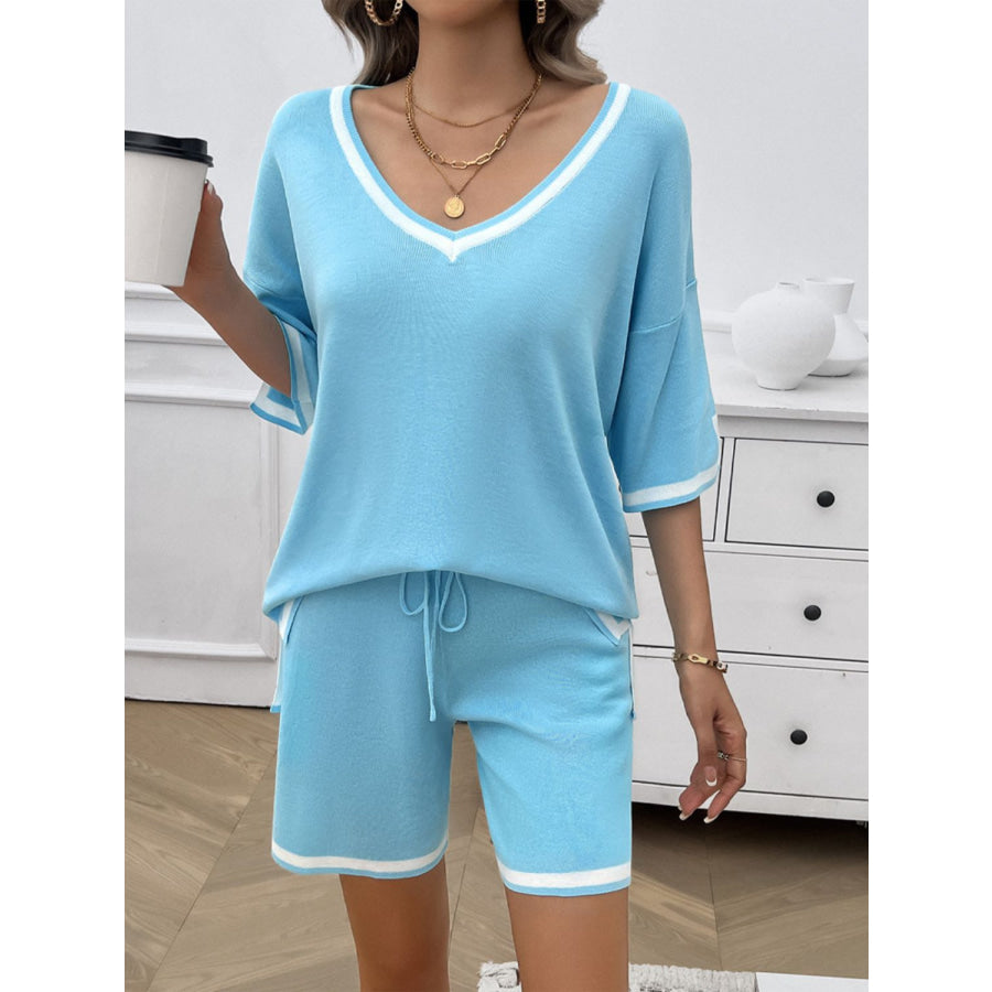 Contrast Trim V-Neck Top and Shorts Set Apparel and Accessories