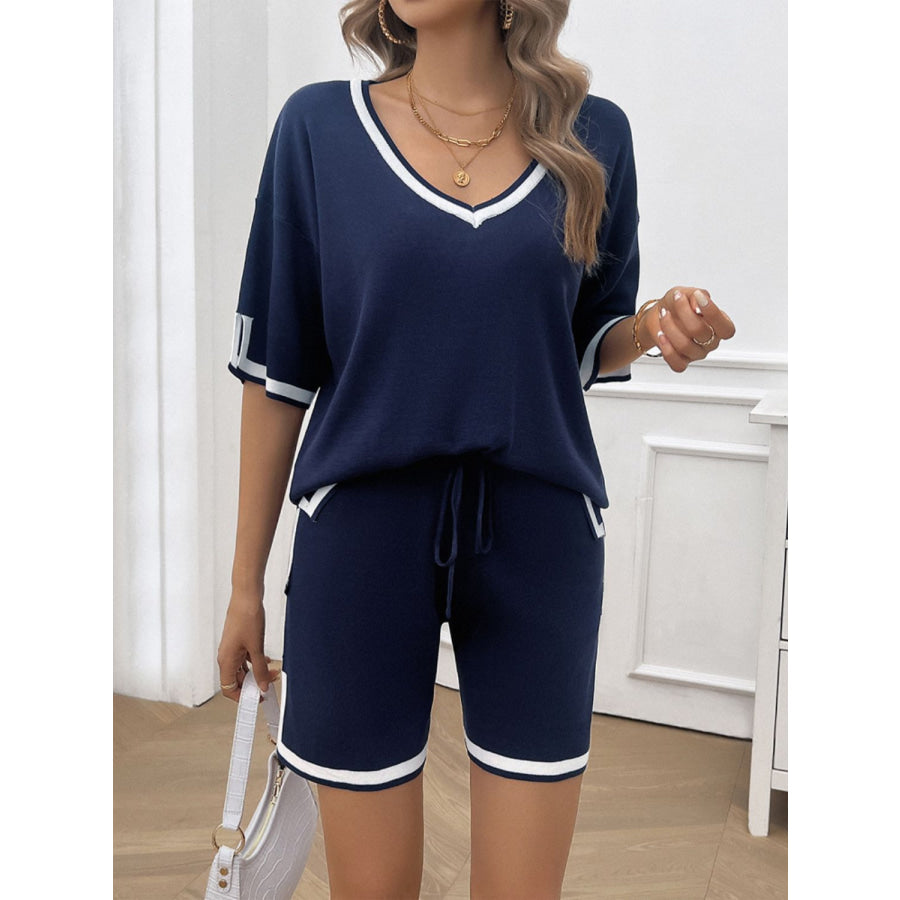 Contrast Trim V-Neck Top and Shorts Set Apparel and Accessories