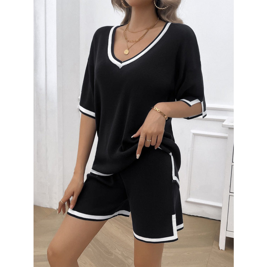 Contrast Trim V-Neck Top and Shorts Set Apparel and Accessories