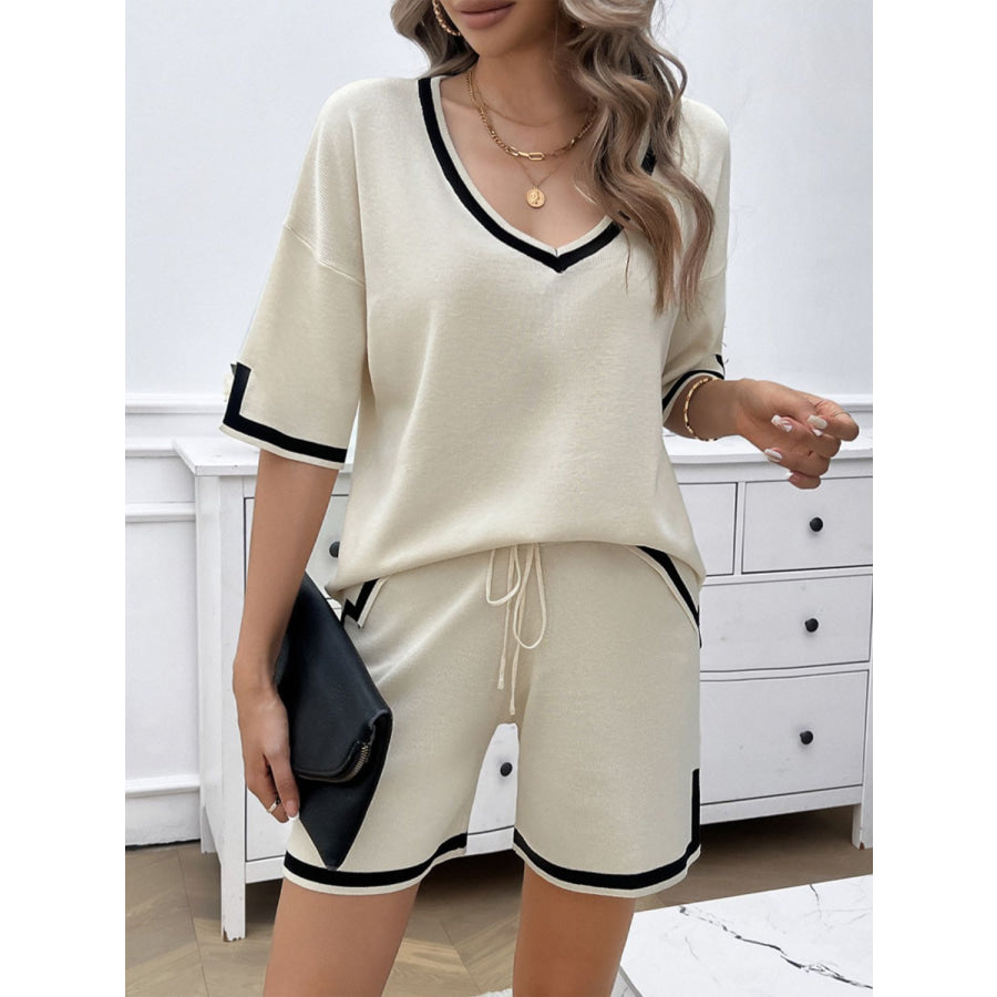 Contrast Trim V-Neck Top and Shorts Set Apparel and Accessories