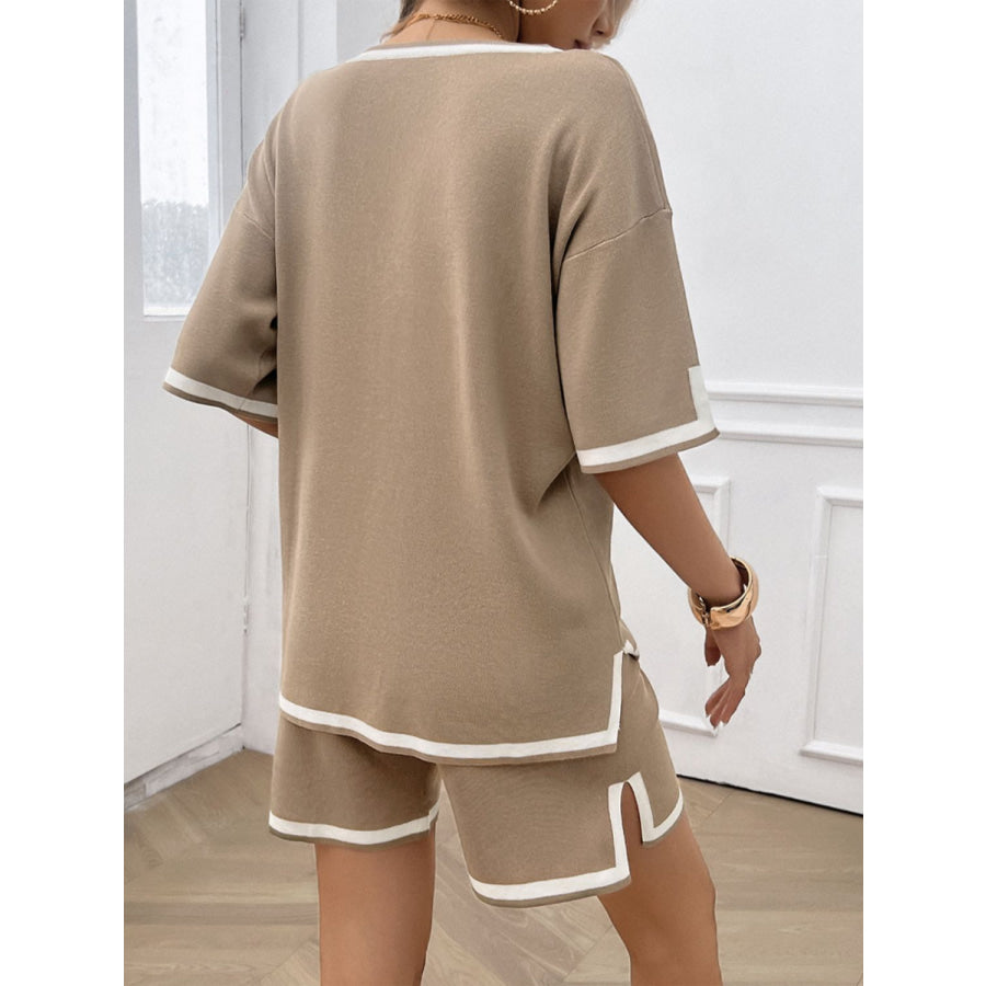 Contrast Trim V-Neck Top and Shorts Set Mocha / S Apparel and Accessories