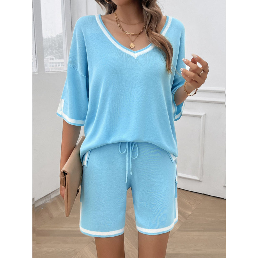 Contrast Trim V-Neck Top and Shorts Set Apparel and Accessories