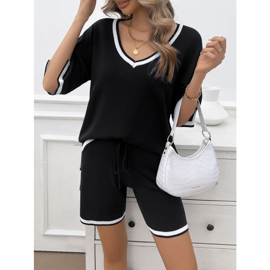 Contrast Trim V-Neck Top and Shorts Set Apparel and Accessories