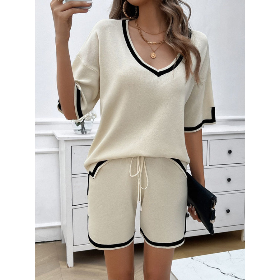 Contrast Trim V-Neck Top and Shorts Set Apparel and Accessories