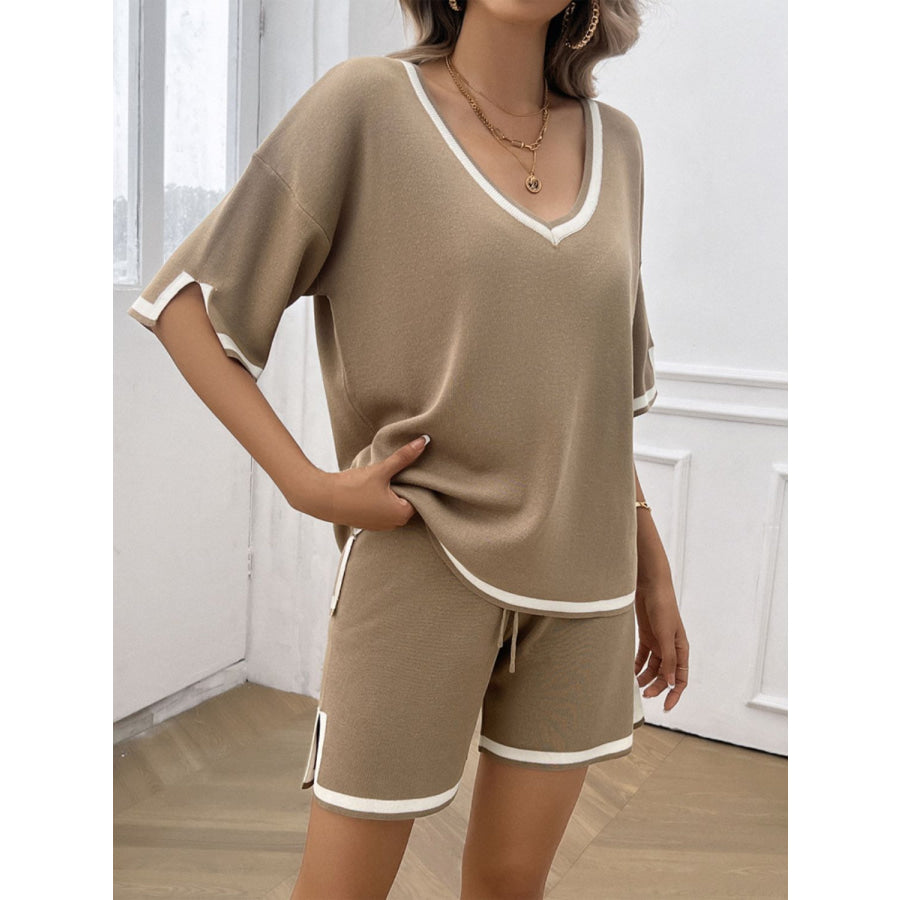 Contrast Trim V-Neck Top and Shorts Set Apparel and Accessories