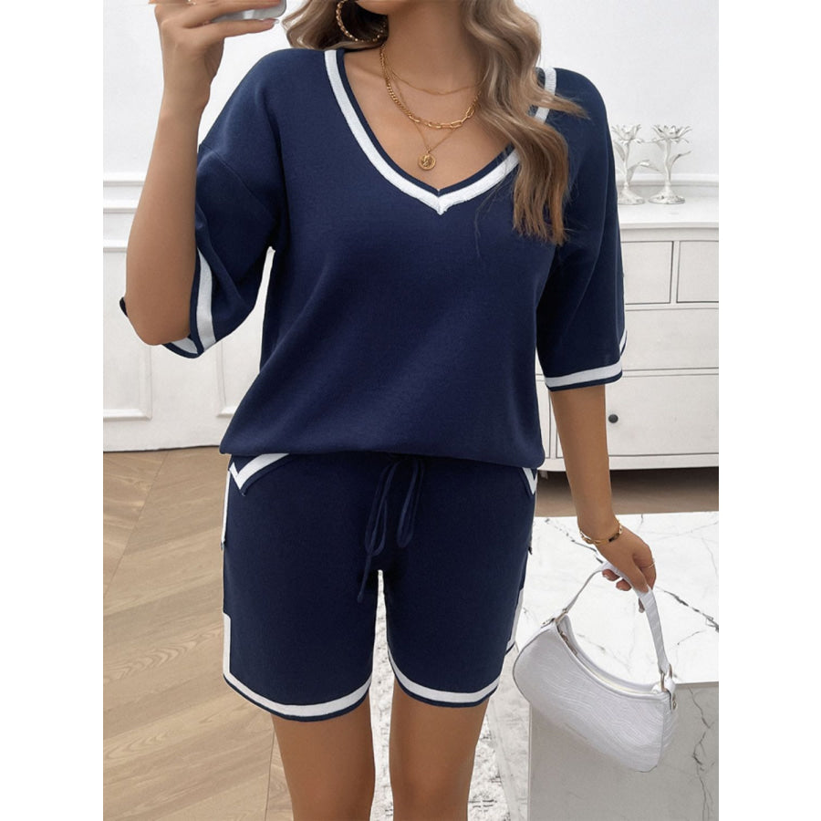 Contrast Trim V-Neck Top and Shorts Set Apparel and Accessories