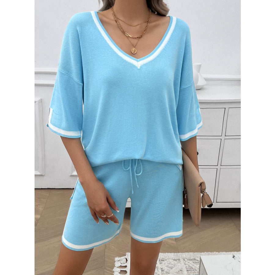 Contrast Trim V-Neck Top and Shorts Set Apparel and Accessories