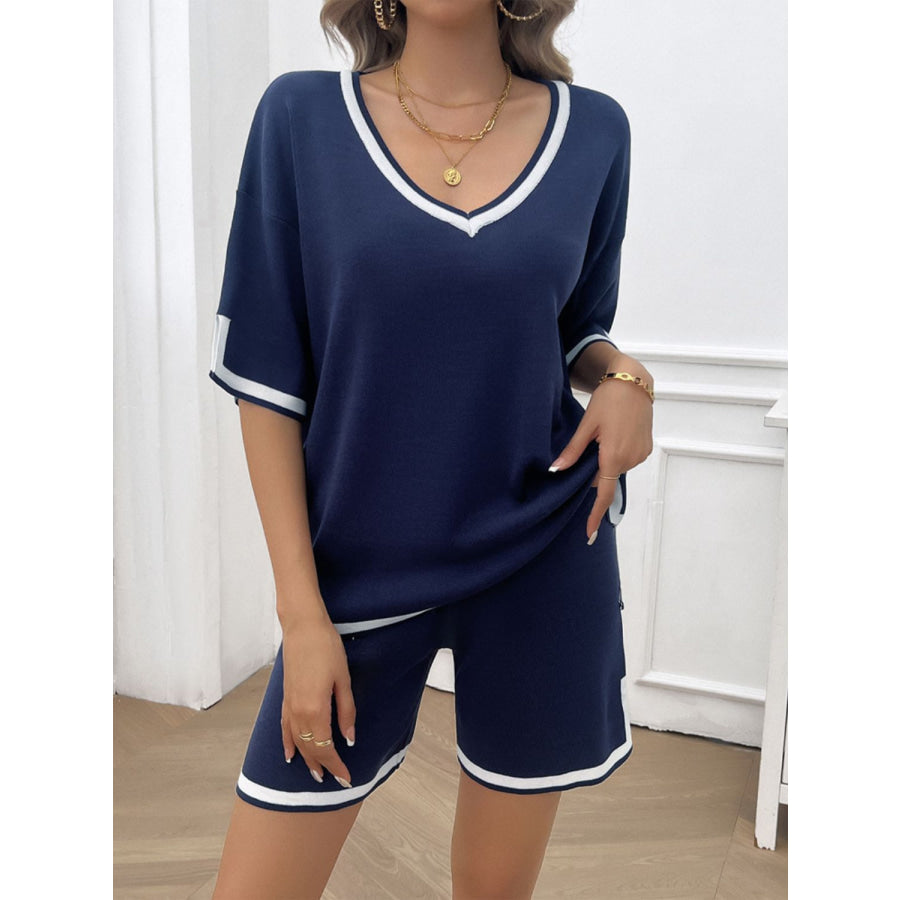 Contrast Trim V-Neck Top and Shorts Set Apparel and Accessories