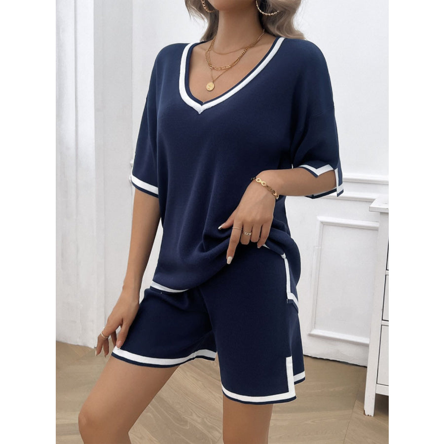 Contrast Trim V-Neck Top and Shorts Set Apparel and Accessories