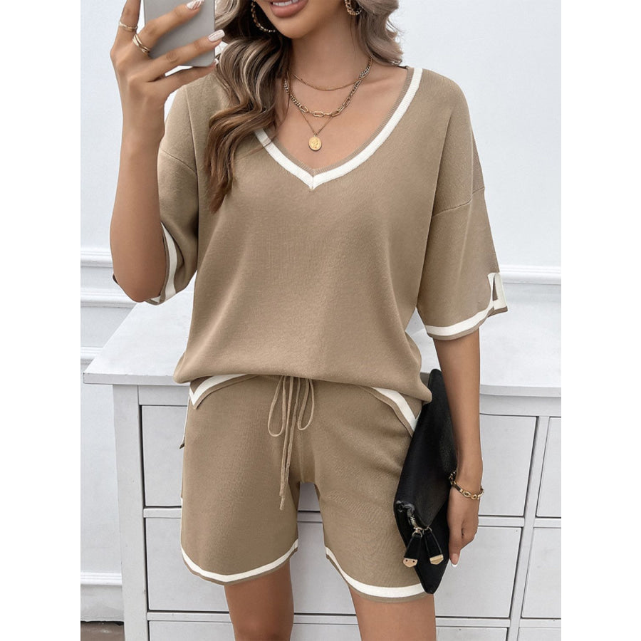 Contrast Trim V-Neck Top and Shorts Set Apparel and Accessories