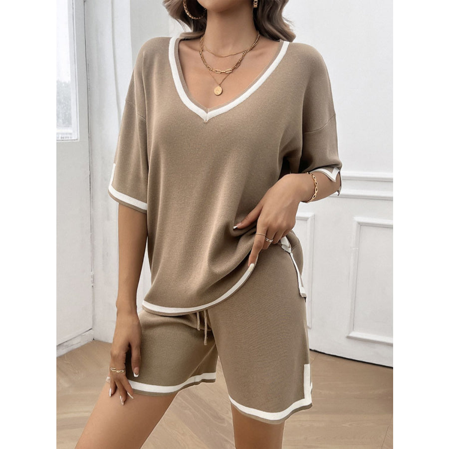 Contrast Trim V-Neck Top and Shorts Set Apparel and Accessories