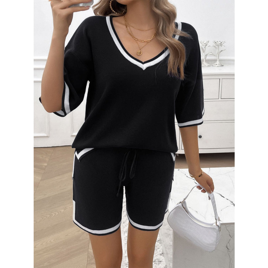 Contrast Trim V-Neck Top and Shorts Set Black / S Apparel and Accessories