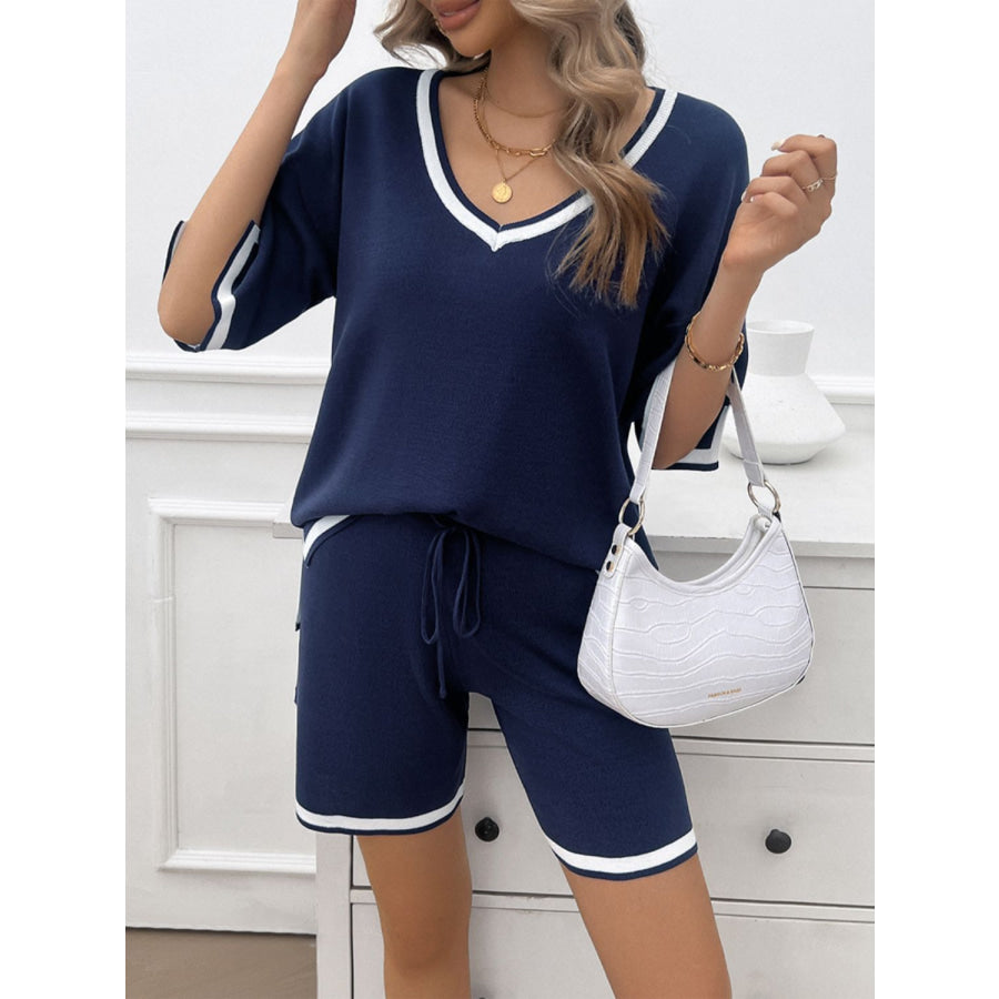 Contrast Trim V-Neck Top and Shorts Set Dark Blue / S Apparel and Accessories