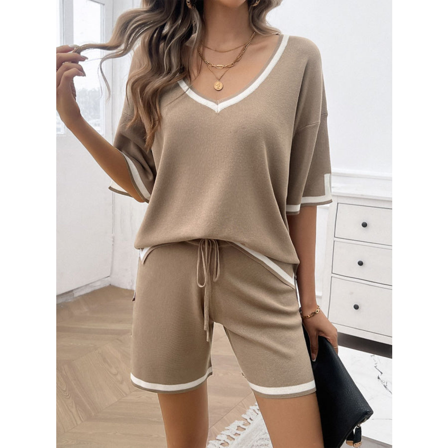 Contrast Trim V-Neck Top and Shorts Set Mocha / S Apparel and Accessories