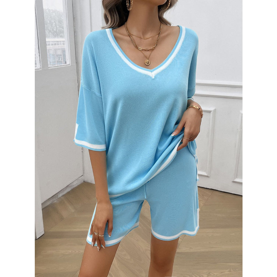 Contrast Trim V-Neck Top and Shorts Set Pastel Blue / S Apparel and Accessories