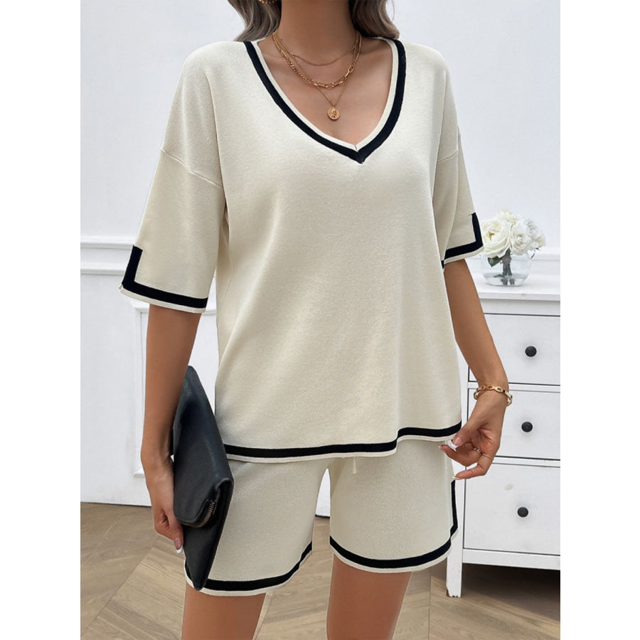 Contrast Trim V-Neck Top and Shorts Set White / S Apparel and Accessories