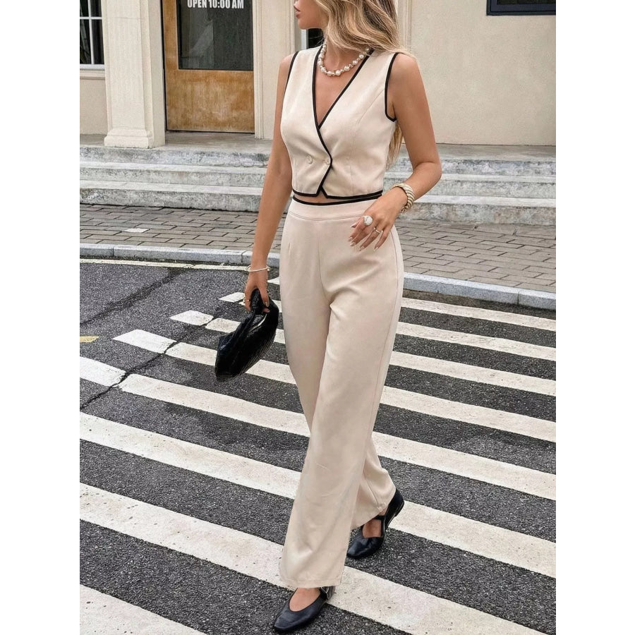 Contrast Trim Vest & Wide Leg Pants Set Apricot / S Apparel and Accessories