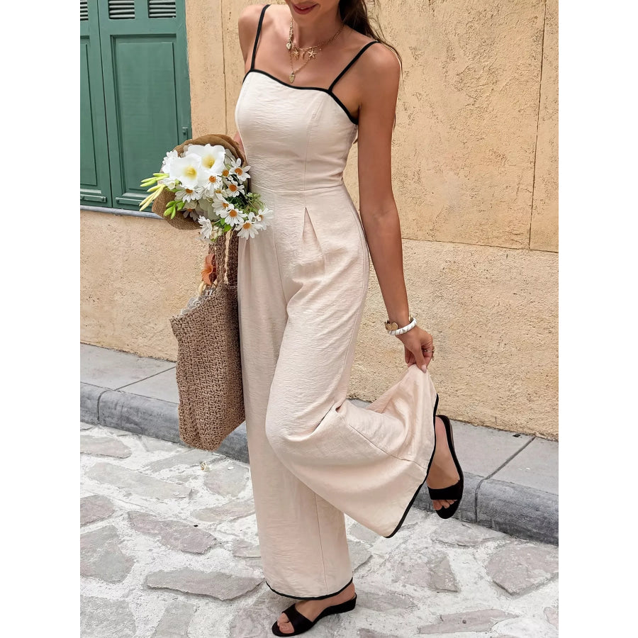 Contrast Trim Wide Leg Jumpsuit Beige / S Apparel and Accessories